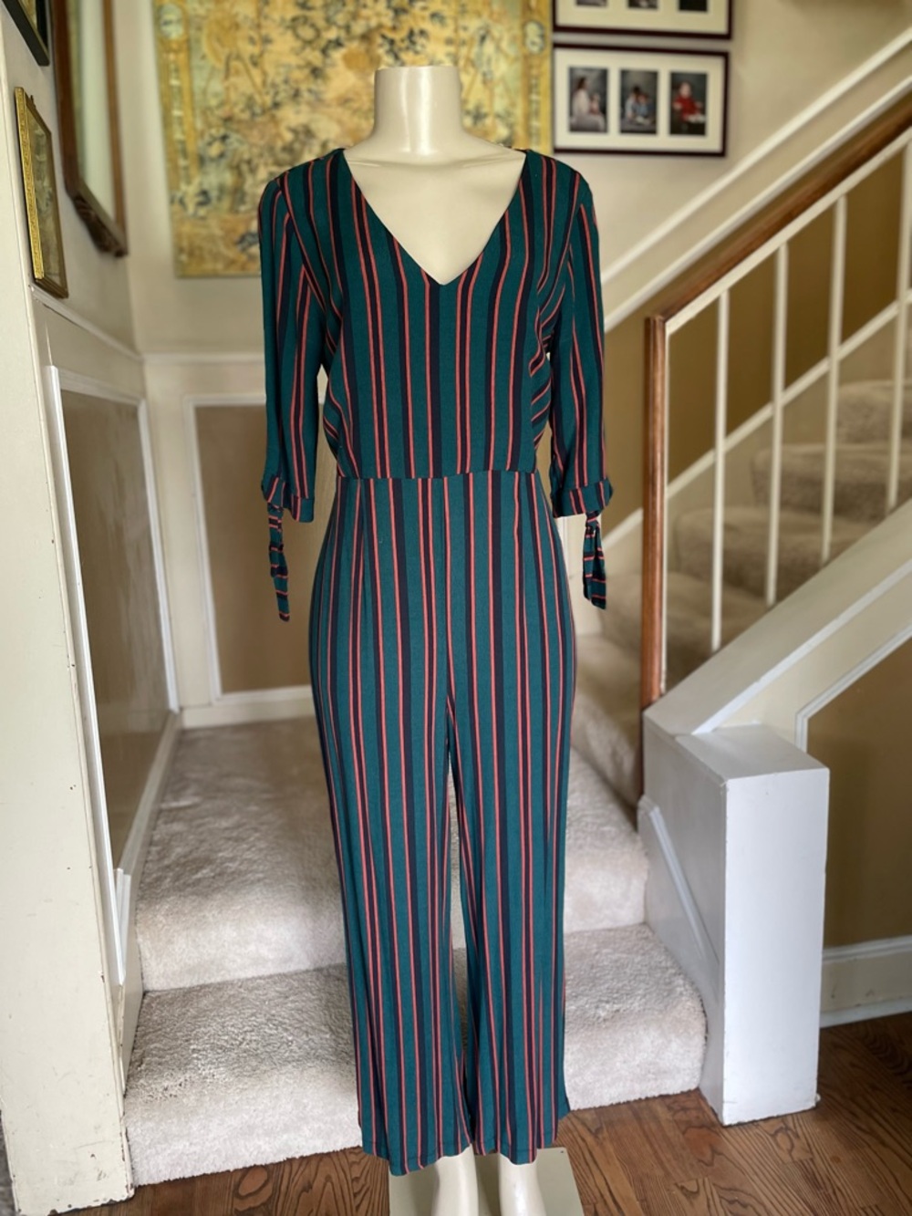 Wild Fable Striped V Neck Jumpsuit Women’s Med Indie Flowy Green Black Red Chic